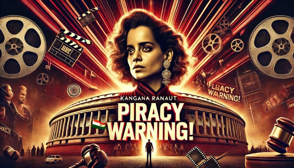 Thumbnail featuring Kangana Ranaut as Indira Gandhi from the movie 'Emergency,' highlighting the dangers of piracy with bold text warning about legal penalties for downloading movies illegally from sites like Tamilrockers and Filmyzilla